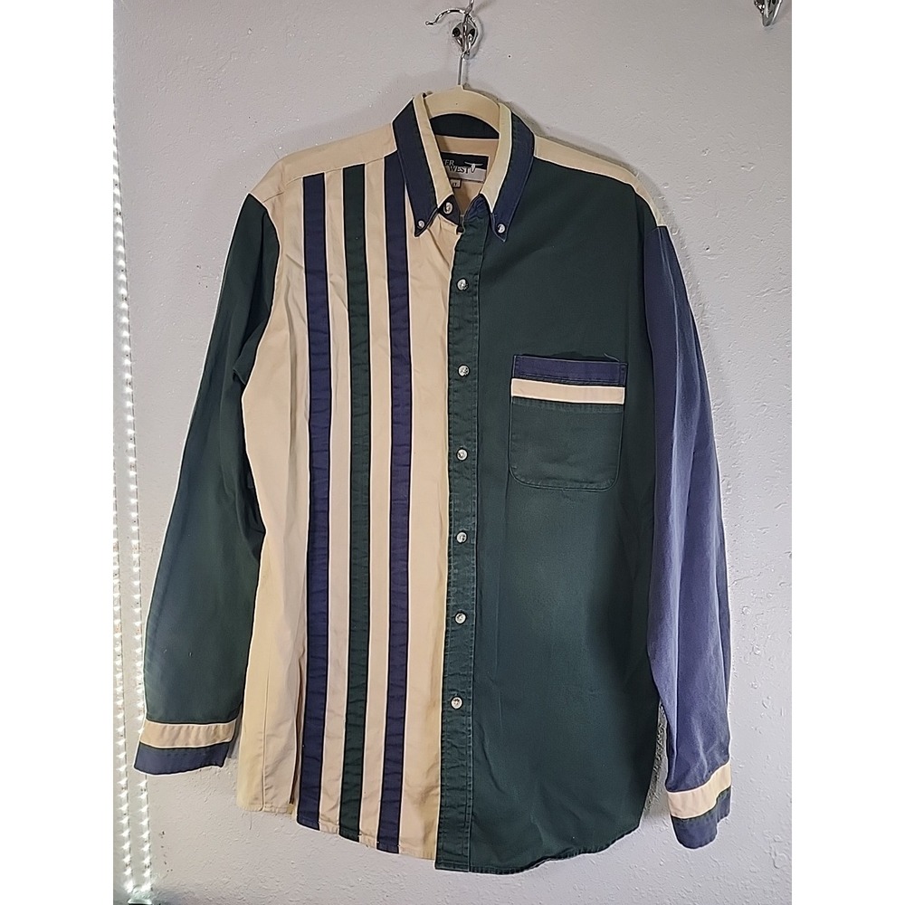 vintage 80s Steer West Original color block button-down‎ shirt. Lg TALL COTTON